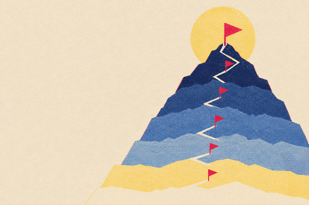 Ilustración de una montaña de seis franjas con una bandera roja en cada una