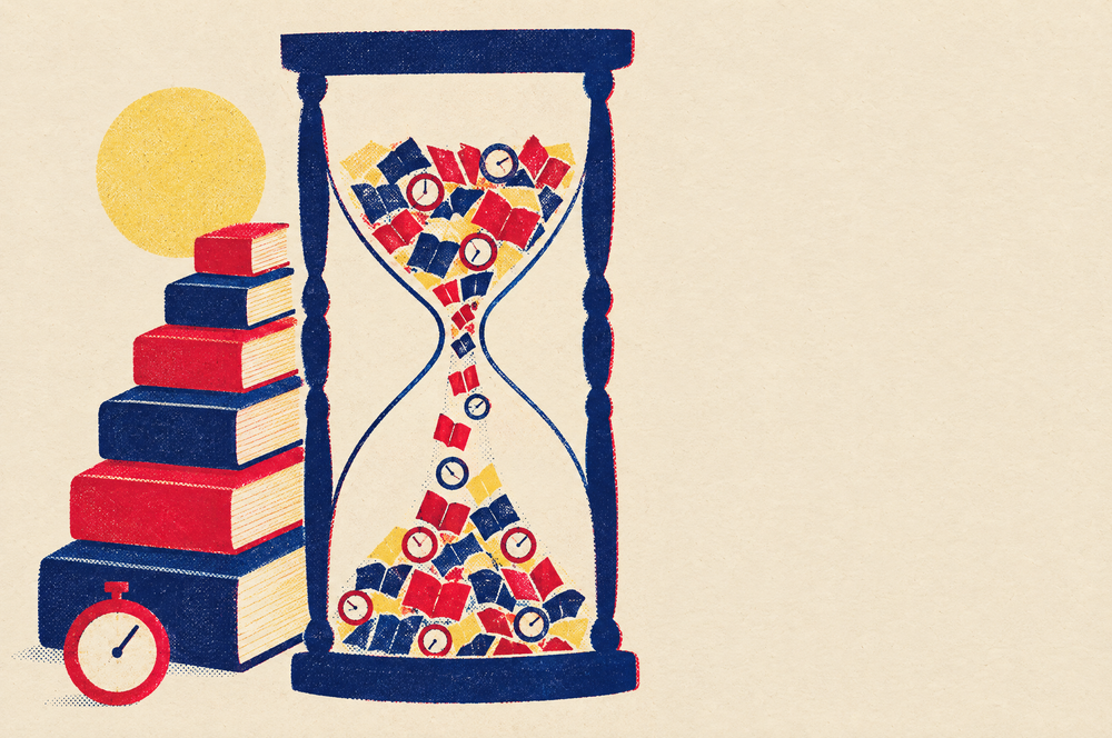 Ilustración de un reloj de arena con páginas de libro cayendo junto a una pila de seis libros