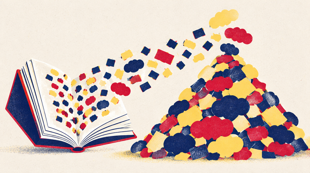 Libro abierto del que salen palabras que forman un montón, ilustración sobre cuántas palabras necesitas en inglés